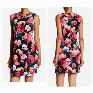 Eliza‎ J NEW Women's 8 Black Pink Bright Floral Cutout Neckline Sheath Dress